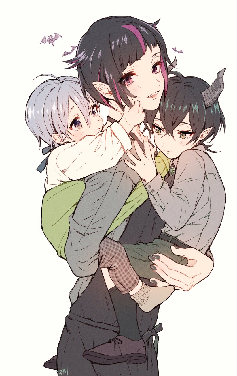 3boys, black_hair, blush, green_eyes, highres, horns, lilia_vanrouge, long_sleeves