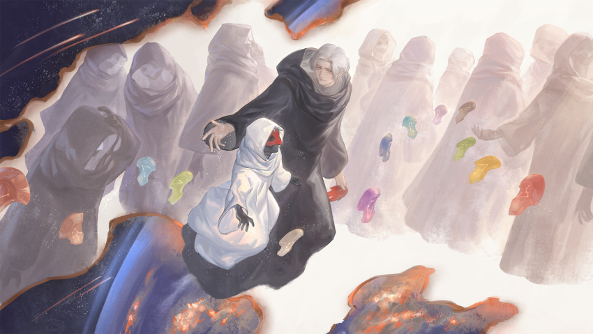 2boys, 6+others, ambiguous_gender, black_robe, black_skin, colored_skin, constellation_print, covered_eyes