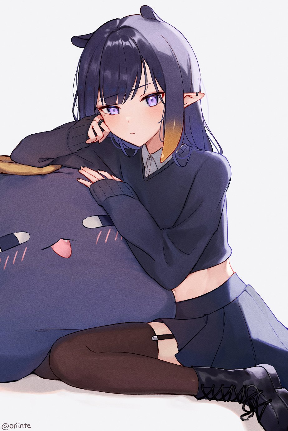 1girl, black_footwear, black_skirt, blush, boots, brown_thighhighs, commentary, cropped_sweater