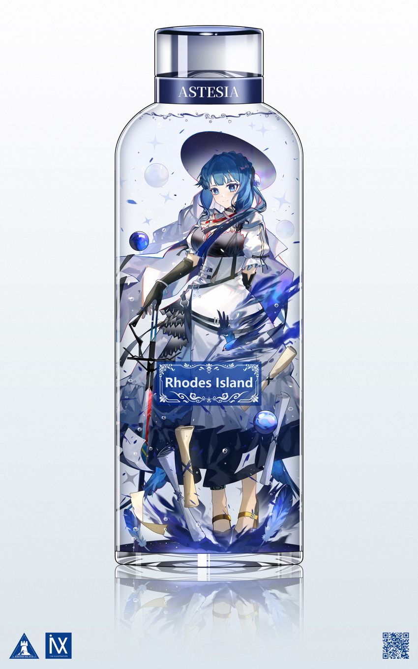 1girl, absurdres, arknights, arm_behind_back, astesia_(arknights), astesia_(starseeker)_(arknights), bangs, bird, black_footwear, black_gloves, blue_eyes, blue_hair, bottle, breasts, closed_mouth, dress, frilled_sleeves, frills, full_body, gloves, hand_on_hilt, high_heels, highres, in_bottle, in_container, long_hair, medium_breasts, orb, puffy_short_sleeves, puffy_sleeves, scroll, short_sleeves, smile, solo, white_dress, yuuki_mix