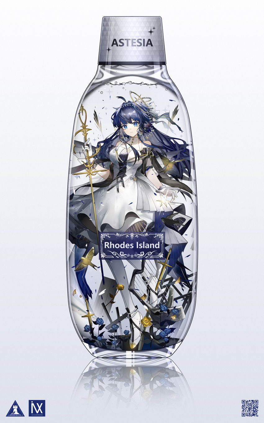1girl, absurdres, ahoge, arknights, astesia_(arknights), astesia_(frlibre_on_the_palace)_(arknights), bangs, bare_shoulders, bird, blue_eyes, blue_hair, bottle, breasts, closed_mouth, dress, full_body, gloves, hair_intakes, high_heels, highres, holding, holding_sword, holding_weapon, in_bottle, in_container, long_hair, looking_at_viewer, medium_breasts, pantyhose, simple_background, solo, sword, weapon, white_background, white_dress, white_footwear, white_gloves, white_pantyhose, yuuki_mix