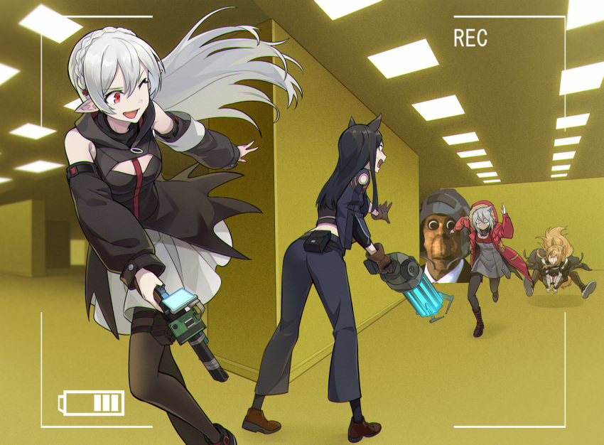1other, 4girls, animal_ears, arknights, backrooms_(creepypasta), black_hair, braid, ceobe_(arknights), crown_braid, dobermann_(arknights), dog_ears, dog_girl, ears_through_headwear, grey_hair, gun, highres, holding, holding_gun, holding_weapon, hood, hood_up, hooded_jacket, jacket, liang_chan_xing_make_tu, long_hair, meme, multiple_girls, orange_jacket, pale_skin, pleated_skirt, pointy_ears, projekt_red_(arknights), running, shirt, skirt, sleeveless, sleeveless_shirt, vampire, viewfinder, warfarin_(arknights), weapon, white_hair, white_skirt, wolf_girl