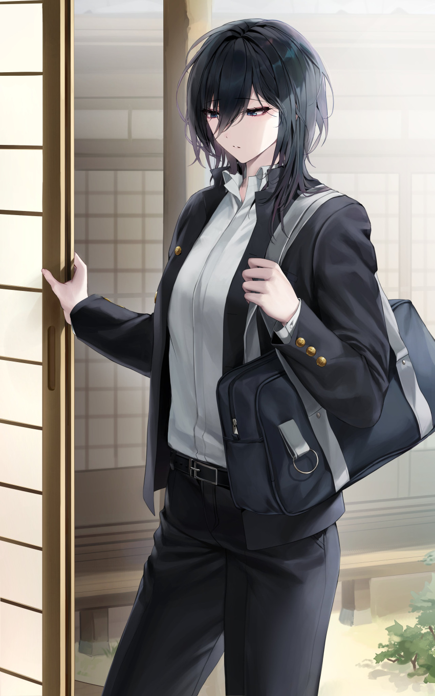 1girl, absurdres, bag, bangs, belt, black_bag, black_hair, black_pants