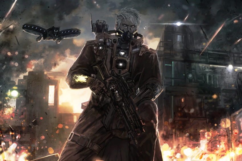 1boy, armor, building, burning, drone, fire, gas_mask, gloves, grey_eyes, grey_hair, gun, heterochromia, highres, holding, holding_gun, holding_weapon, lost_ark, mask, short_hair, smoke, solo, sonchi, thigh_strap, weapon, yellow_eyes