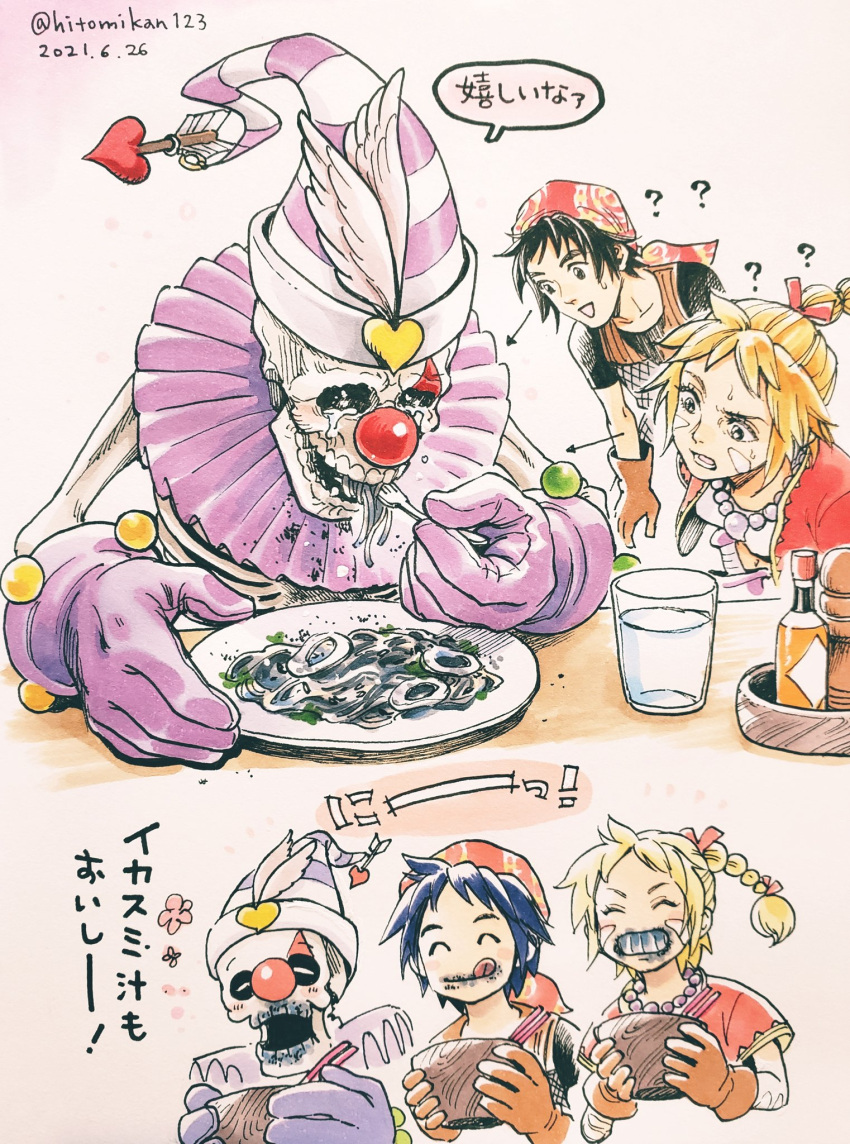 1girl, 2boys, ?, armor, bandana, bead_necklace, beads, black_shirt, blonde_hair, blue_hair, bowl, brown_gloves, chainmail, chrono_cross, closed_eyes, clown, clown_nose, crying, cupcake, dated, eating, facepaint, facial_mark, flower, food, fork, gankyuumikan, gloves, grin, hair_ribbon, hat, hat_feather, highres, holding, holding_bowl, holding_fork, ink, jacket, jewelry, kid_(chrono_cross), long_hair, looking_at_another, multi-tied_hair, multiple_boys, multiple_views, neck_ruff, necklace, pasta, ponytail, purple_gloves, red_bandana, red_jacket, red_ribbon, ribbon, serge_(chrono_cross), shirt, short_hair, short_sleeves, skeleton, skelly_(chrono_cross), smile, squid, striped, striped_headwear, sweatdrop, tabasco, tears, tongue, tongue_out, translation_request, twitter_username, upper_body, water, white_shirt