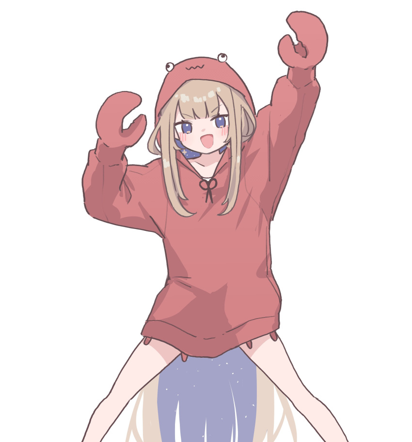 1girl, absurdres, alternate_costume, amanogawa_shiina, animal_hood, bare_legs, blonde_hair, blue_eyes