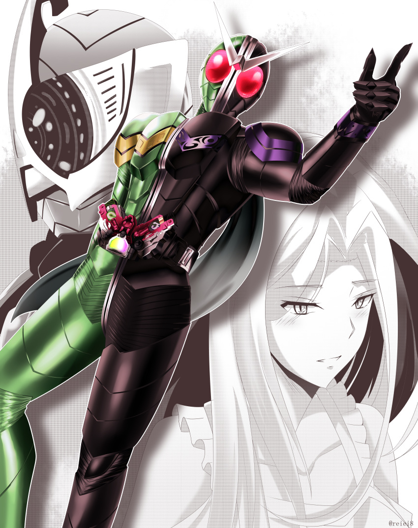 1boy, 1girl, absurdres, armor, artist_name, belt, fuuto_tantei, gaia_memory