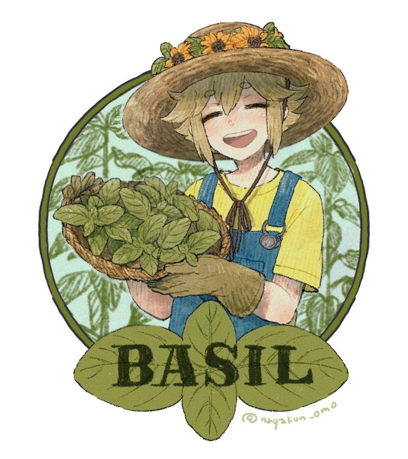 1boy, artist_name, basil_(omori), blonde_hair, blush, brown_gloves, brown_headwear, character_name, closed_eyes, facing_viewer, flower, gloves, nagakun_omo, omori, open_mouth, overalls, shirt, short_hair, short_sleeves, smile, solo, sunflower, teeth, twitter_username, upper_teeth, yellow_shirt