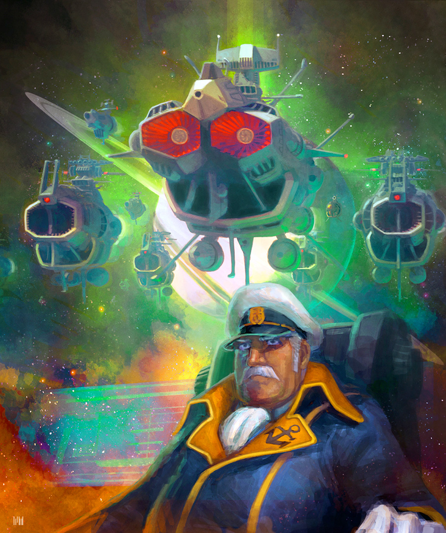 1boy, andromeda_(uchuu_senkan_yamato), character_request, energy_cannon, facial_hair, fleet, fmu, hat
