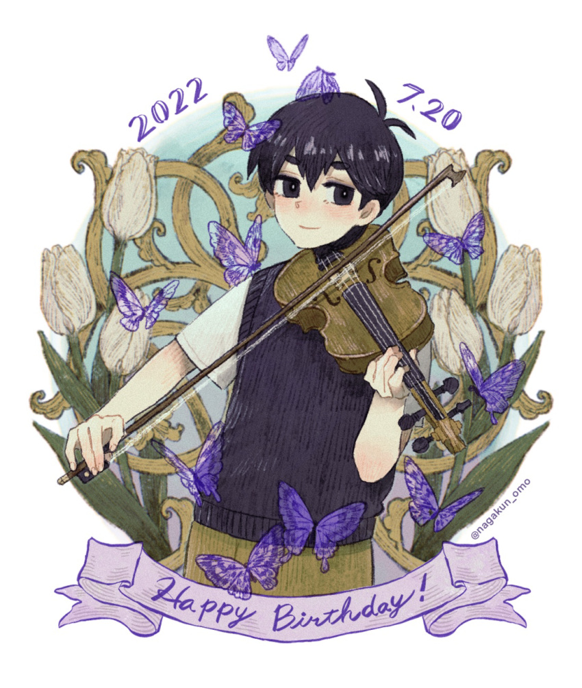 1boy, 2022, black_eyes, black_hair, blush, bug, butterfly, closed_mouth