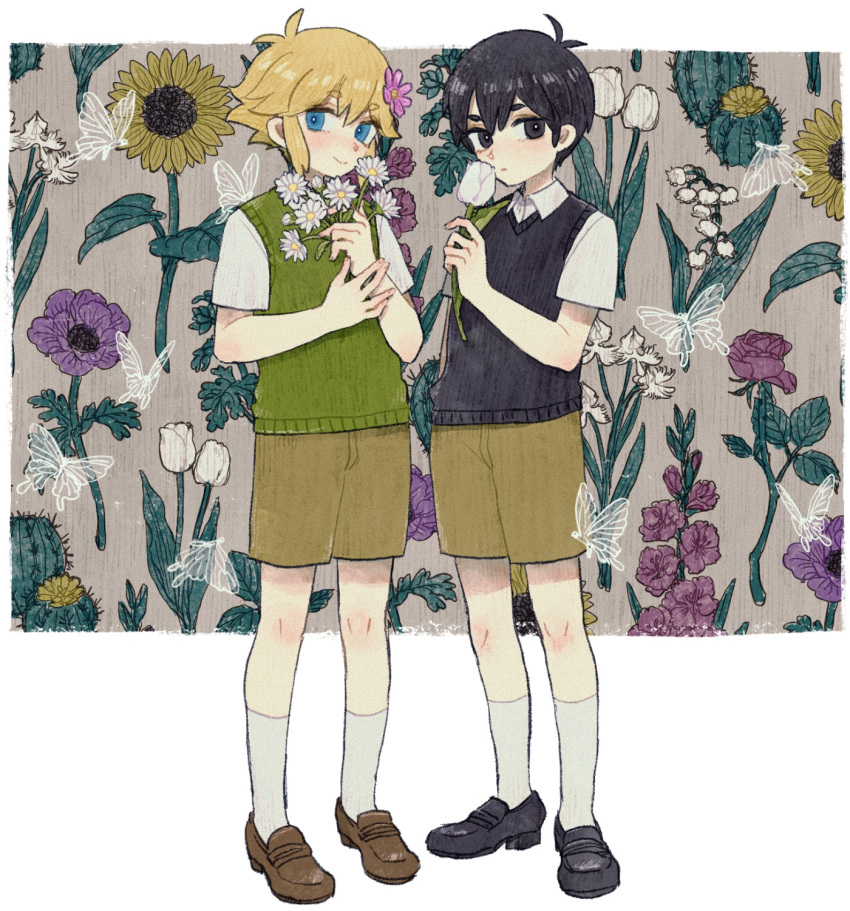 2boys, basil_(omori), black_eyes, black_footwear, black_hair, black_sweater, blonde_hair, blue_eyes