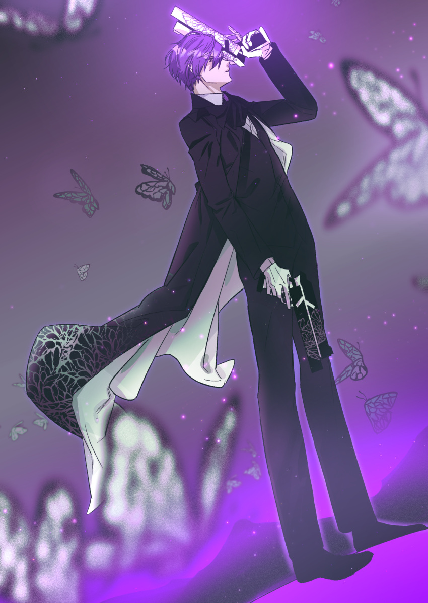 1boy, animal, black_coat, blurry, blurry_foreground, bug, butterfly, character_request