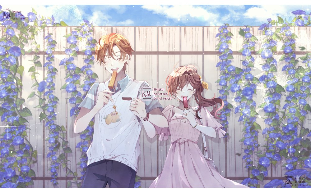 1boy, 1girl, :d, artist_name, bangs, blue_sky, brown_hair, closed_eyes