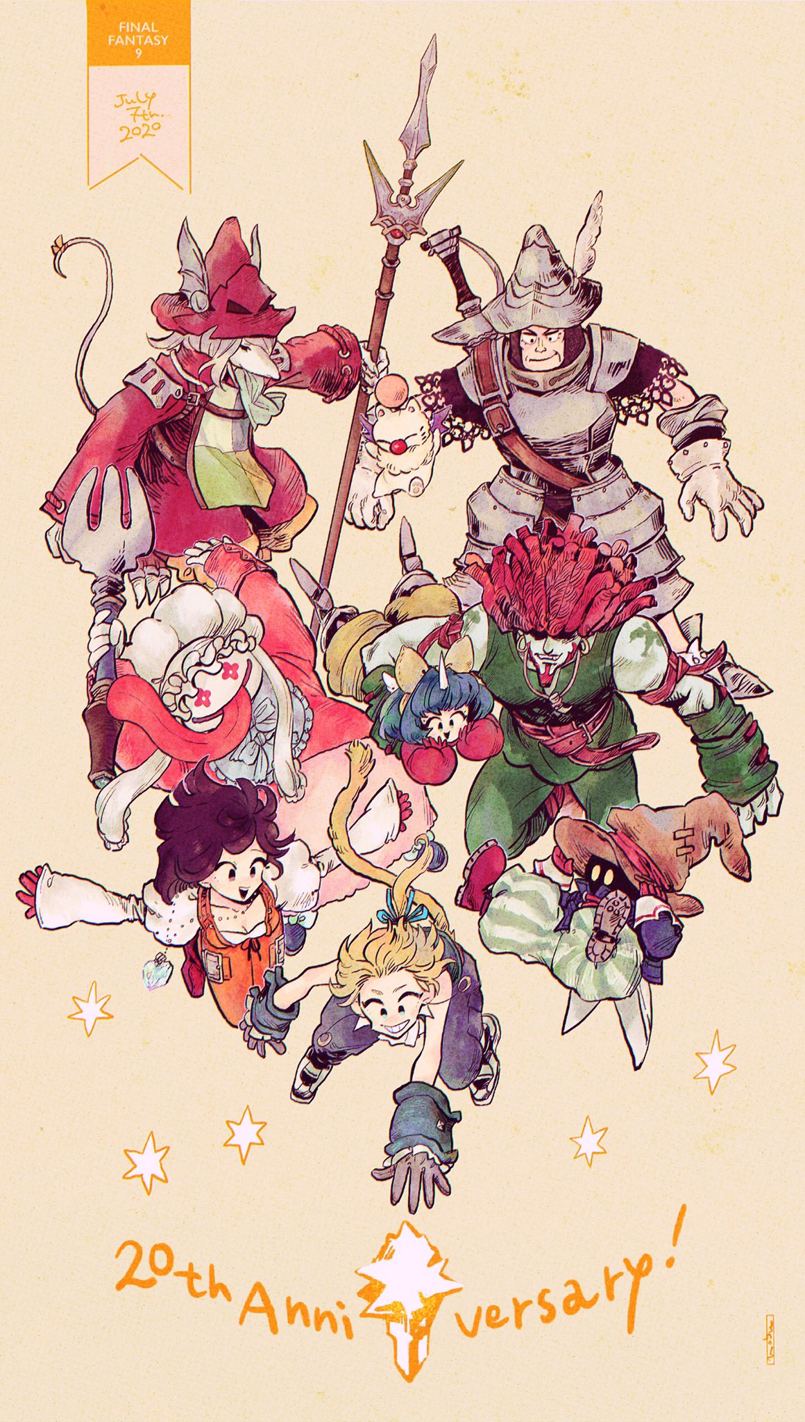 1other, 25mark_n, 3girls, 4boys, adelbert_steiner, armor, ascot, baggy_pants, blonde_hair, blue_coat, blue_hair, blue_pants, bodysuit, boots, bow, breastplate, brown_hair, burmecian, chainmail, chef_hat, coat, dreadlocks, eiko_carol, final_fantasy, final_fantasy_ix, fork, freija_crescent, garnet_til_alexandros_xvii, gloves, green_pants, green_vest, grey_hair, grin, hair_bow, hat, hat_feather, helmet, highres, holding, holding_fork, holding_polearm, holding_weapon, horns, knight, monkey_tail, moogle, multiple_boys, multiple_girls, open_mouth, orange_background, orange_bodysuit, outstretched_arm, outstretched_arms, pants, plate_armor, polearm, quina_quen, red_coat, red_footwear, red_gloves, red_headwear, red_shirt, redhead, salamander_coral, shirt, short_hair, short_hair_with_long_locks, shoulder_armor, single_horn, smile, striped, striped_pants, sword, tail, teeth, tongue, tongue_out, vest, vivi_ornitier, weapon, weapon_on_back, white_shirt, winged_helmet, wizard_hat, yellow_bow, yellow_eyes, yellow_overalls, zidane_tribal