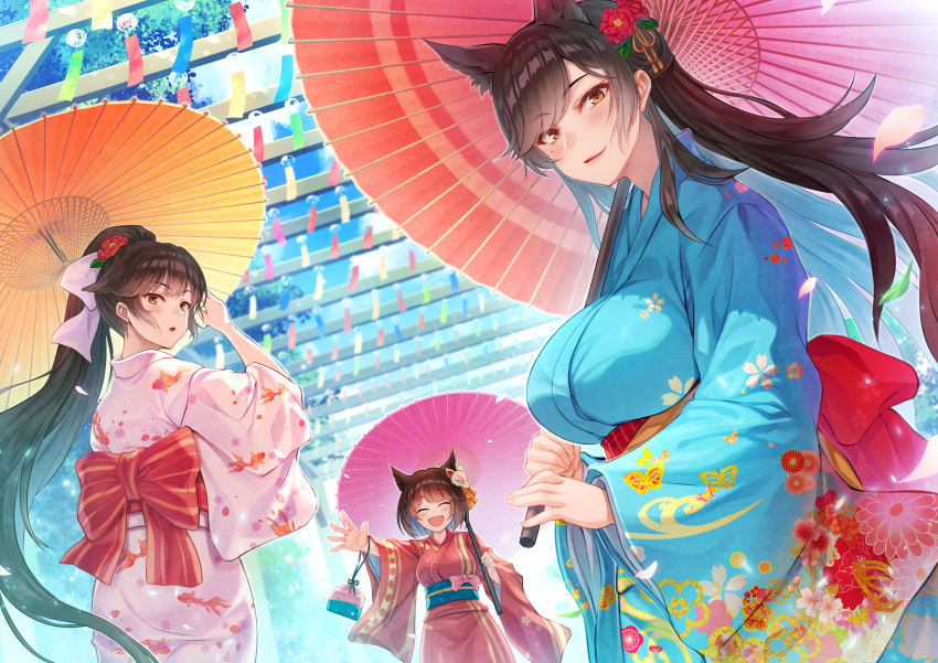 3girls, absurdres, alternate_costume, animal_ears, animal_print, atago_(azur_lane), azur_lane, back_bow