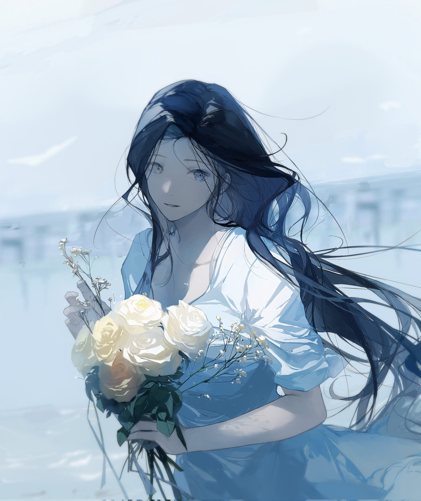 1girl, black_hair, blue_eyes, blurry, blurry_background, dress, flower, highres, holding, holding_flower, long_hair, original, parted_lips, sevenotsu, shadow, sideways_glance, smile, solo, upper_body, white_dress, white_flower