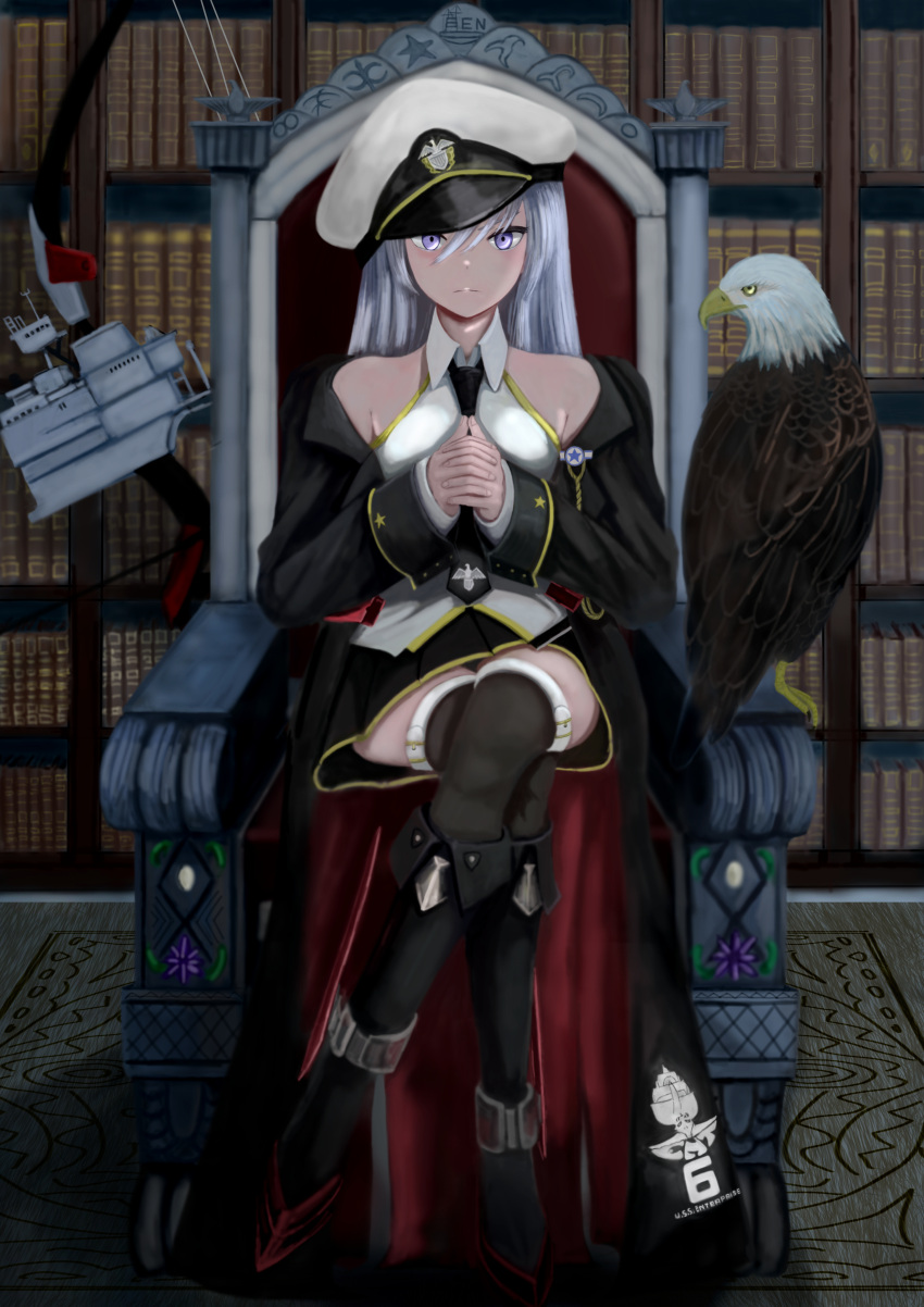 absurdres, azur_lane, bare_shoulders, bird, black_jacket, boots, bow, breasts
