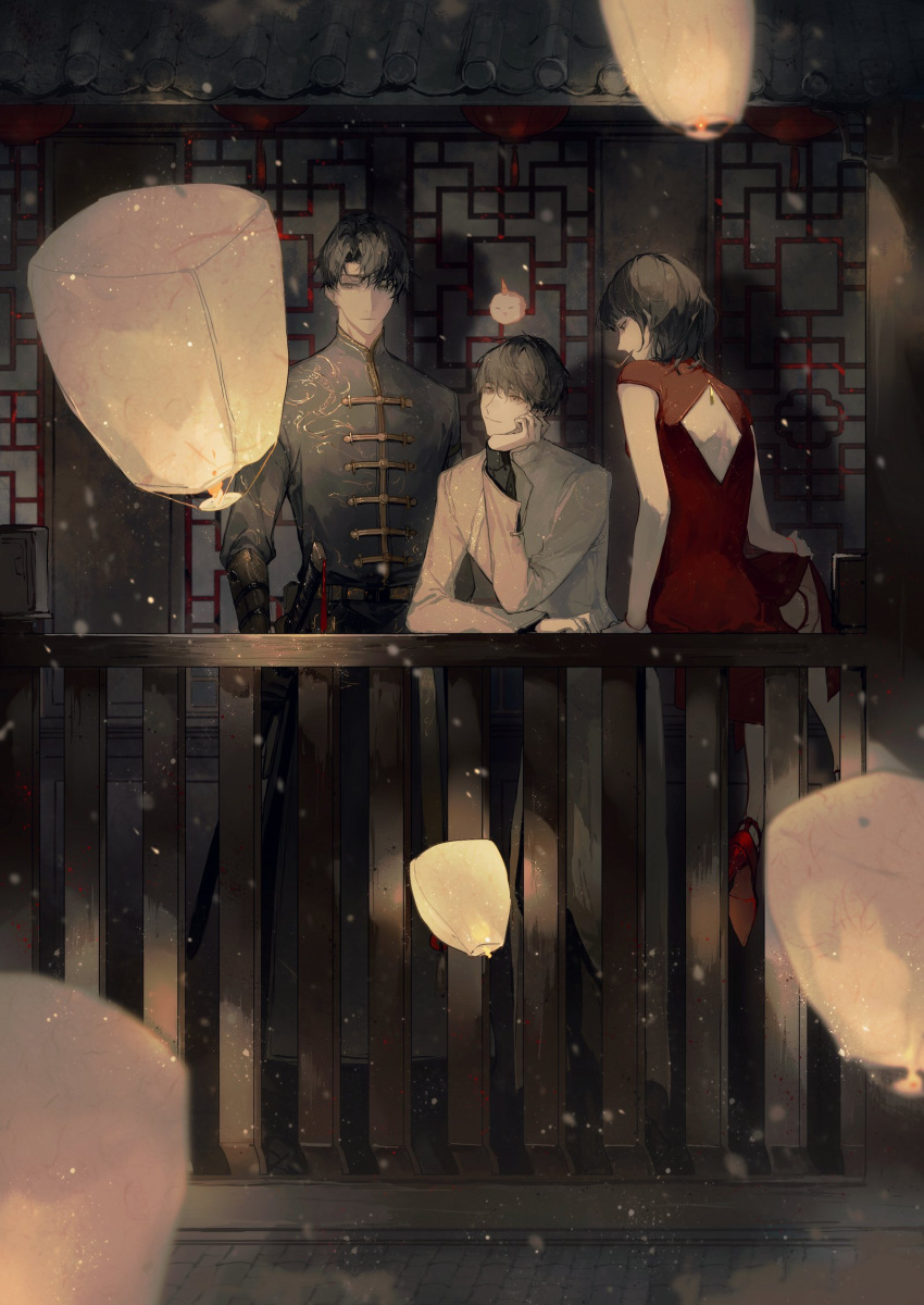 1girl, 2boys, arm_rest, back_cutout, black_hair, bracelet, chinese_clothes, cigarette