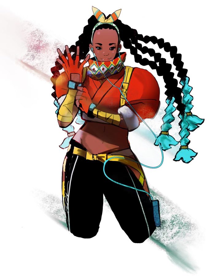 1girl, adjusting_clothes, adjusting_gloves, aqua_hair, black_hair, black_pants, bow_hairband, cable, crop_top, cropped_legs, dark-skinned_female, dark_skin, earphones, earphones, english_commentary, fingerless_gloves, flat_chest, forehead, gloves, hairband, hand_wraps, kimberly_(street_fighter), lips, listening_to_music, long_hair, midriff, multicolored_hair, nikolas_draper-ivey, pants, quad_braids, scarf, solo, street_fighter, street_fighter_6, two-tone_hair, very_dark_skin, walkman
