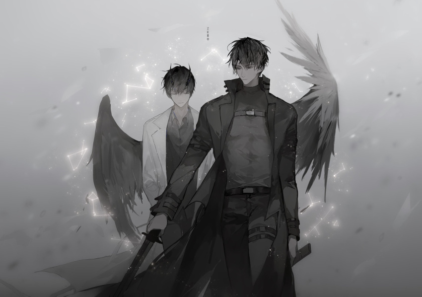 2boys, black_hair, closed_eyes, coat, collared_shirt, constellation, dok-ja_kim, expressionless