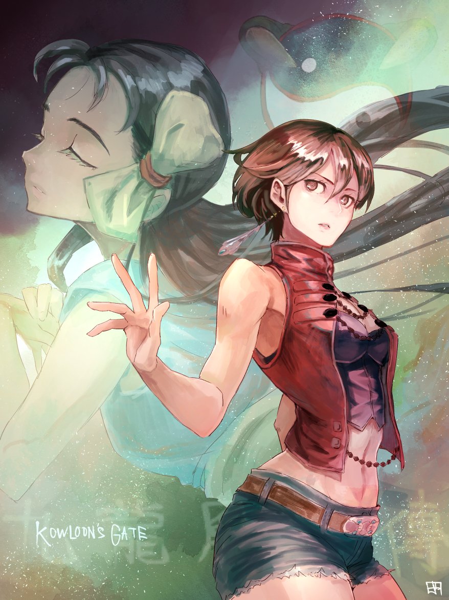 2girls, belt, black_hair, breasts, brown_eyes, brown_hair, closed_eyes, earrings