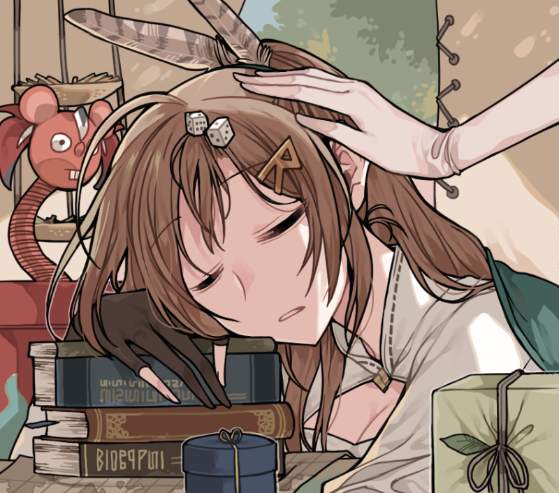 2girls, ahoge, black_gloves, book, brown_hair, buck_teeth, cleavage_cutout, clipe
