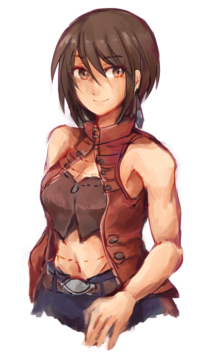 1girl, belt, breasts, brown_eyes, brown_hair, closed_mouth, earrings, highres