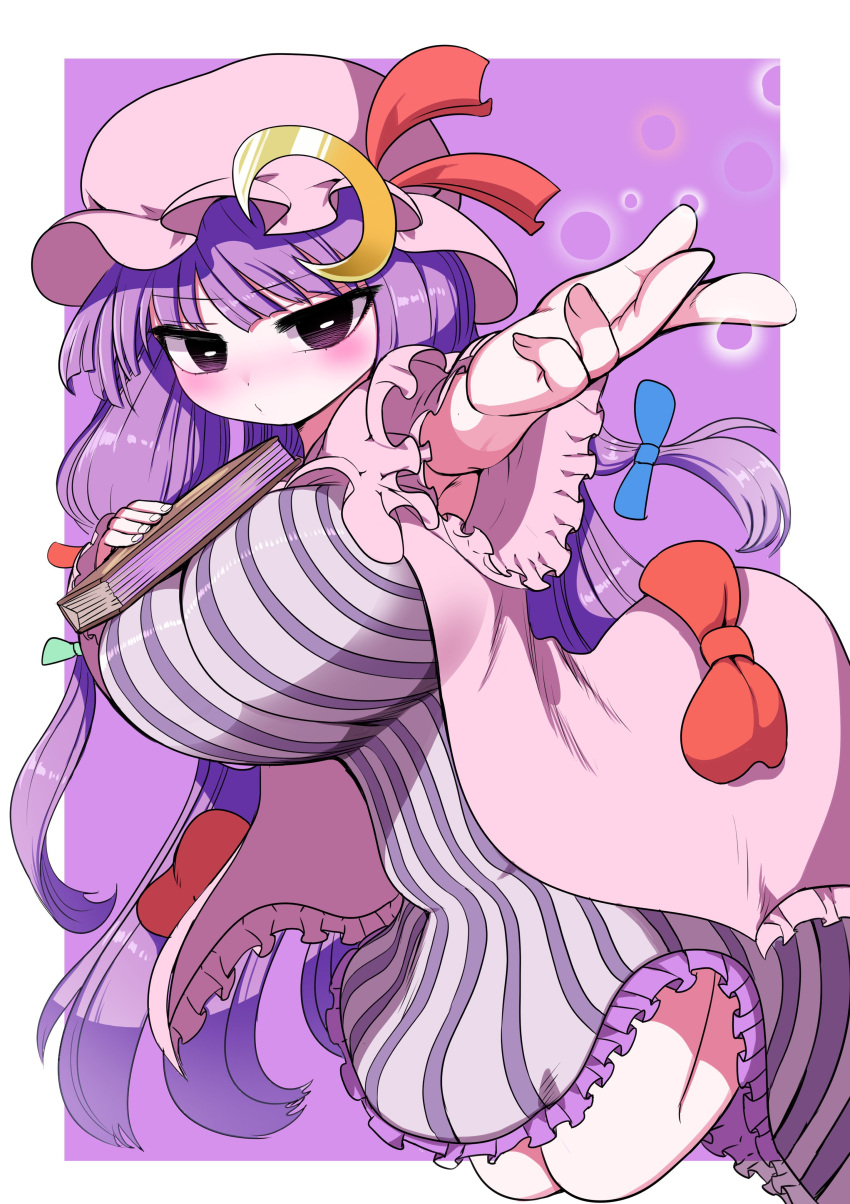 1girl, absurdres, blush, book, bow, breasts, dress, foreshortening