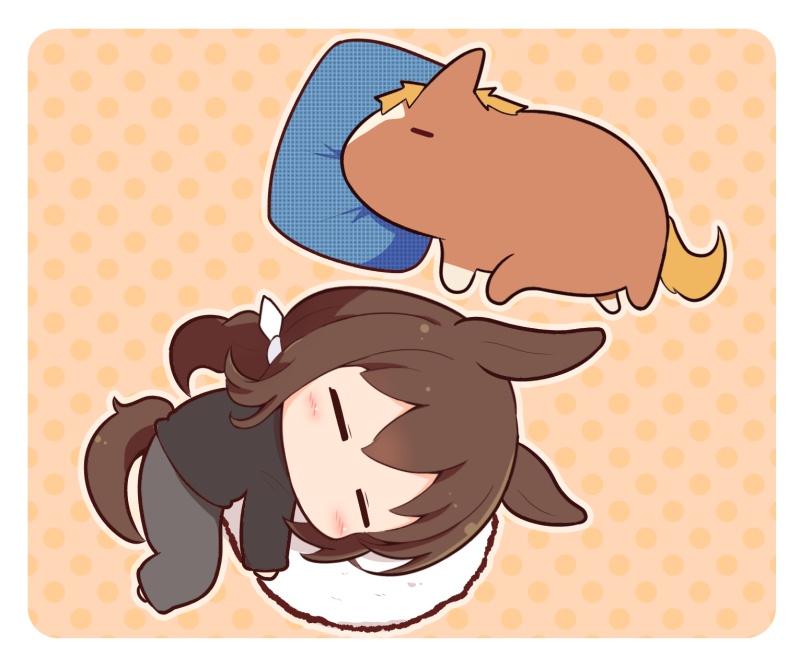 1girl, =_=, admire_japan_(racehorse), admire_vega_(umamusume), animal_ears, black_shirt, brown_hair, chibi