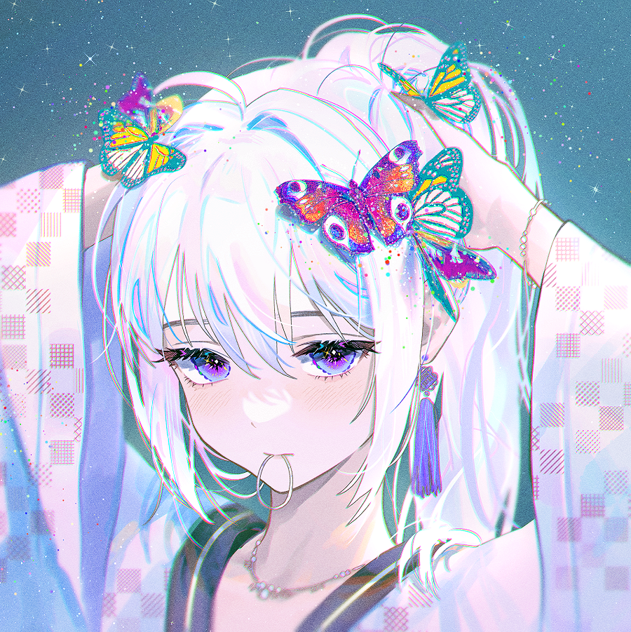 1girl, ahoge, bangs, bug, butterfly, checkered_clothes, checkered_kimono, earrings