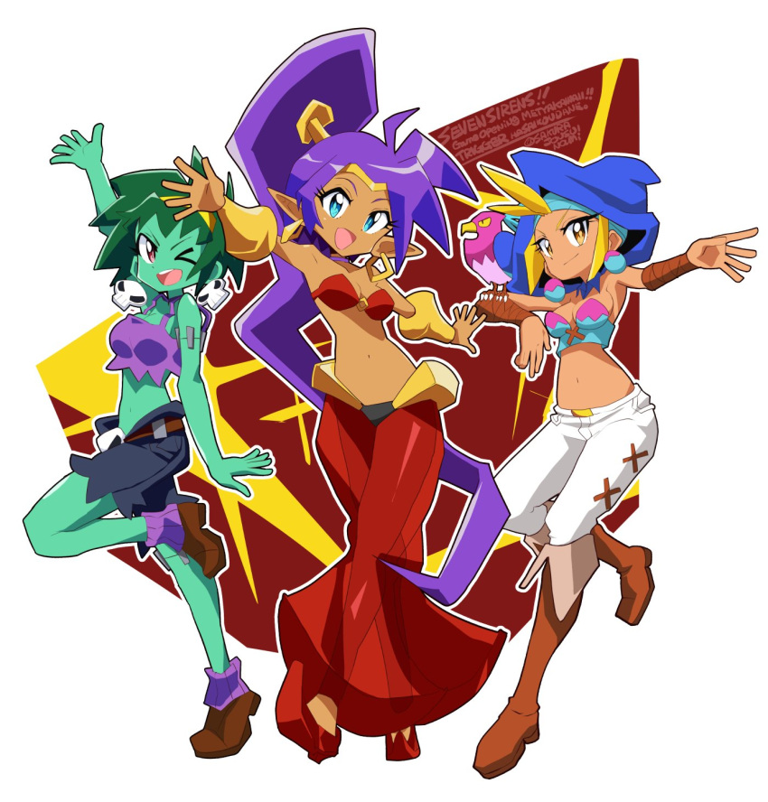 3girls, bird, blue_eyes, boots, bracelet, eagle, earrings, full_body