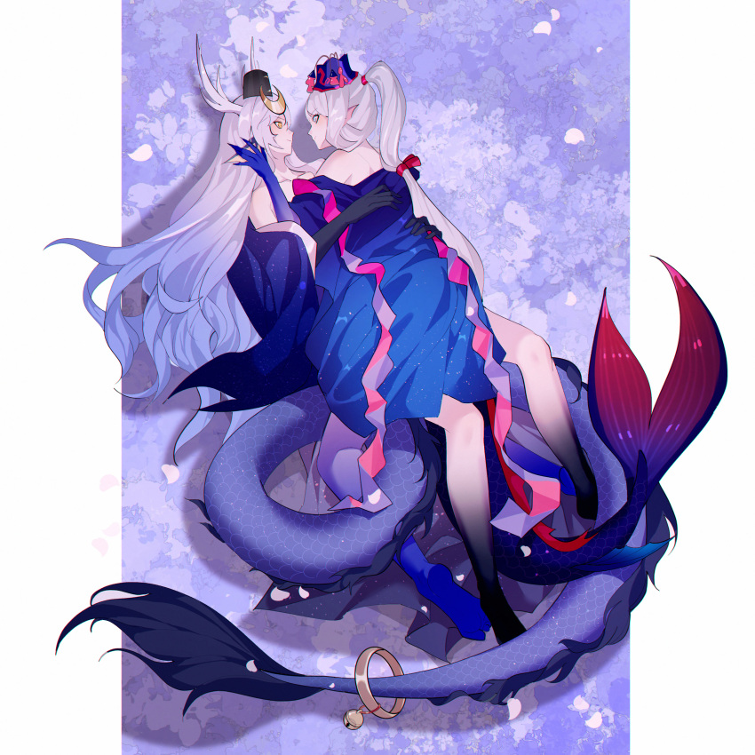 2girls, absurdres, ampheta_0104, breasts, dragon_tail, face-to-face, highres, horns, jewelry, long_hair, long_sleeves, multiple_girls, onmyoji, ponytail, senhime_(onmyoji), solo, suzuka_gozen_(onmyoji), tail, very_long_hair, white_hair, yuri