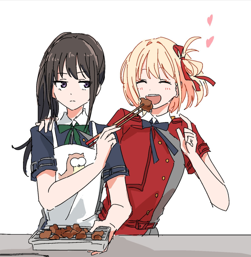 2girls, apron, bangs, black_hair, blonde_hair, blue_dress, blue_ribbon, blush, chopsticks, closed_eyes, collared_shirt, commentary_request, dress, feeding, food, green_ribbon, grey_dress, hair_ribbon, hand_on_another's_shoulder, heart, highres, himagosan, incoming_food, inoue_takina, long_hair, looking_at_another, lycoris_recoil, multiple_girls, neck_ribbon, nishikigi_chisato, ponytail, red_dress, red_ribbon, ribbon, school_uniform, shirt, short_hair, short_sleeves, simple_background, smile, teeth, two-tone_dress, upper_body, violet_eyes, white_apron, white_background, yuri