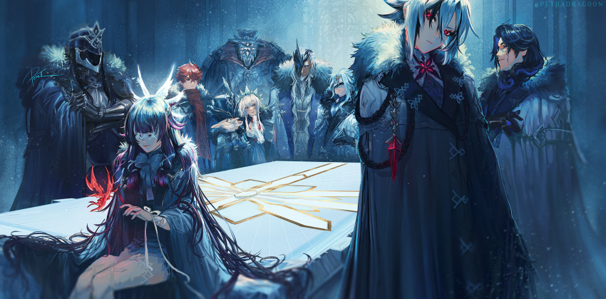 3girls, 6+boys, arlecchino_(genshin_impact), bangs, bow, bowtie, capitano_(genshin_impact), closed_eyes