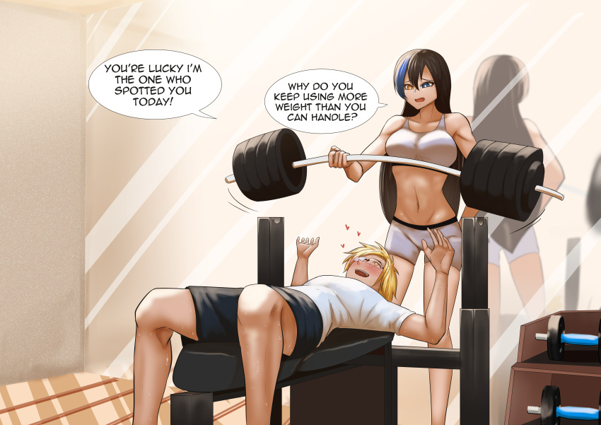 absurdres, barbell, gym_shorts, highres, kenzaki_ameri, lady_justice_(series), marufuji_enta, non-web_source, sakiyume11, shorts, sports_bra, strong, superhero, weightlifting, weights
