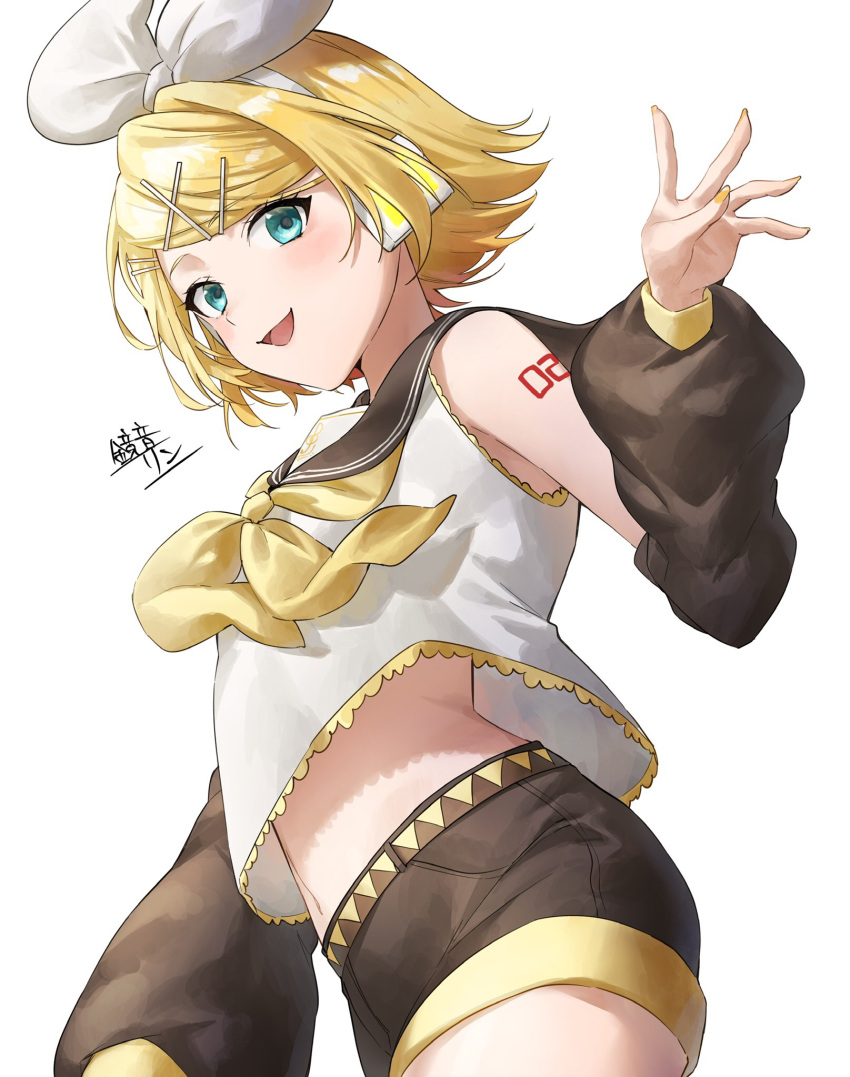 1girl, :d, arm_at_side, bangs, belt, black_sailor_collar, black_shorts, black_sleeves