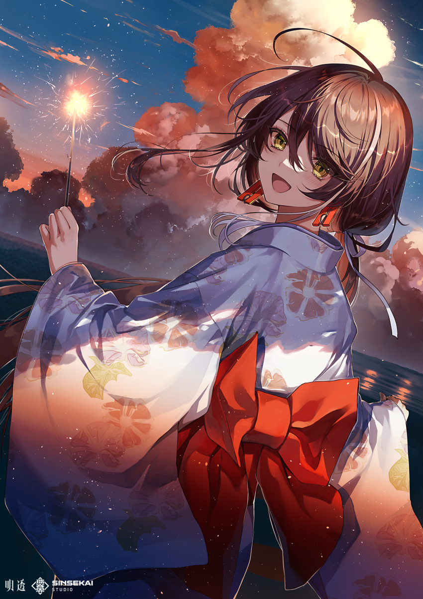 1girl, :d, asu_(sinsekai), bangs, blush, bow, brown_hair, clouds