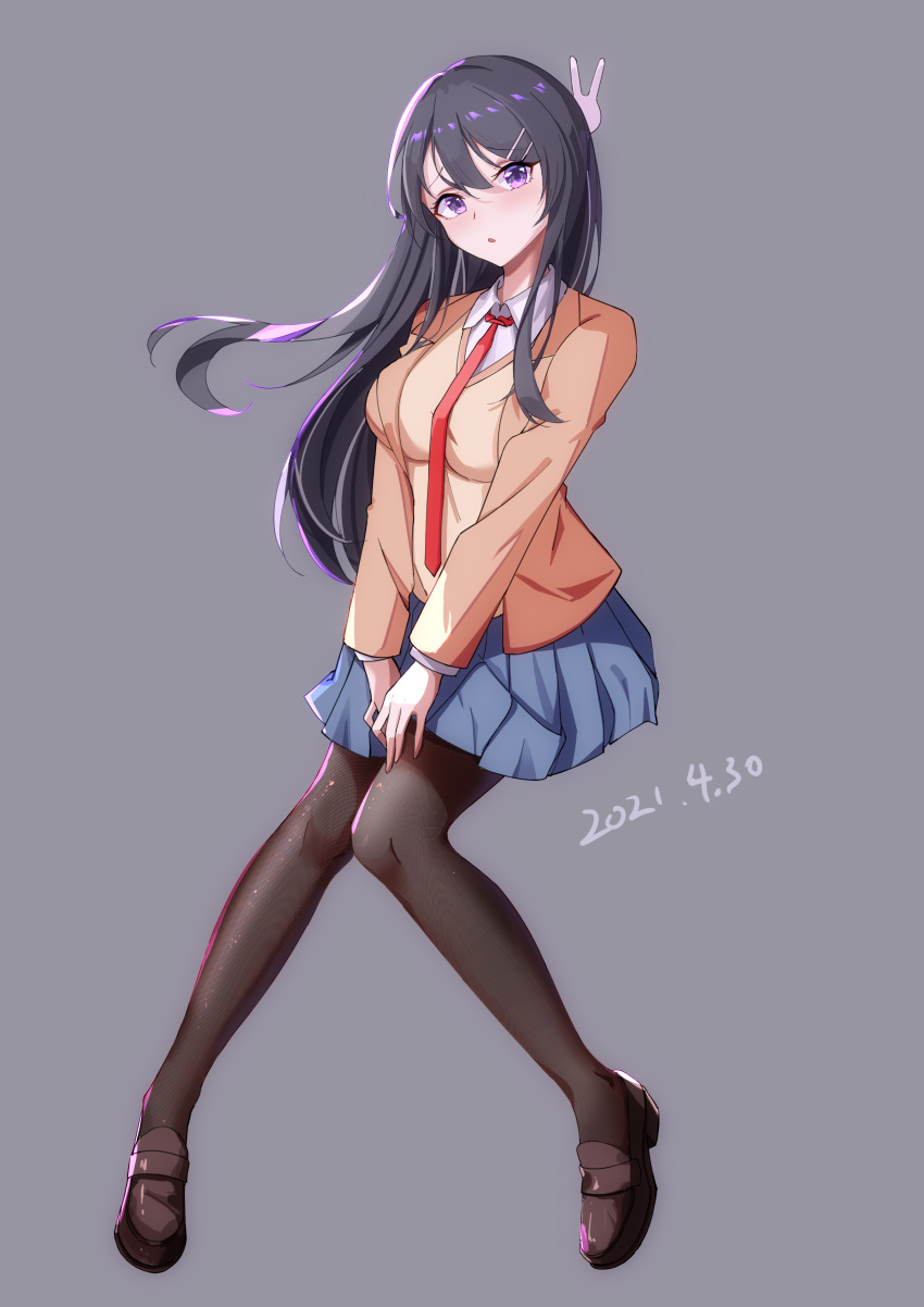 1girl, absurdres, black_hair, blush, breasts, brown_footwear, brown_jacket, bunny_hair_ornament