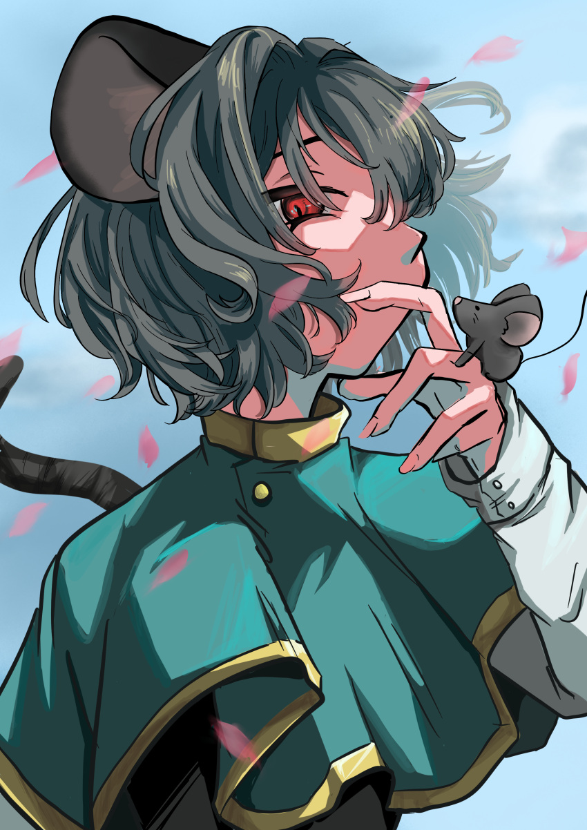 1girl, absurdres, animal_ears, bangs, blue_capelet, capelet, commentary_request, covering_mouth, cowboy_shot, fingernails, grey_hair, hand_over_own_mouth, highres, kakigoori_(xm3lz), long_fingernails, long_sleeves, mouse, mouse_ears, mouse_girl, nazrin, red_eyes, shirt, short_hair, solo, tail, touhou, white_shirt