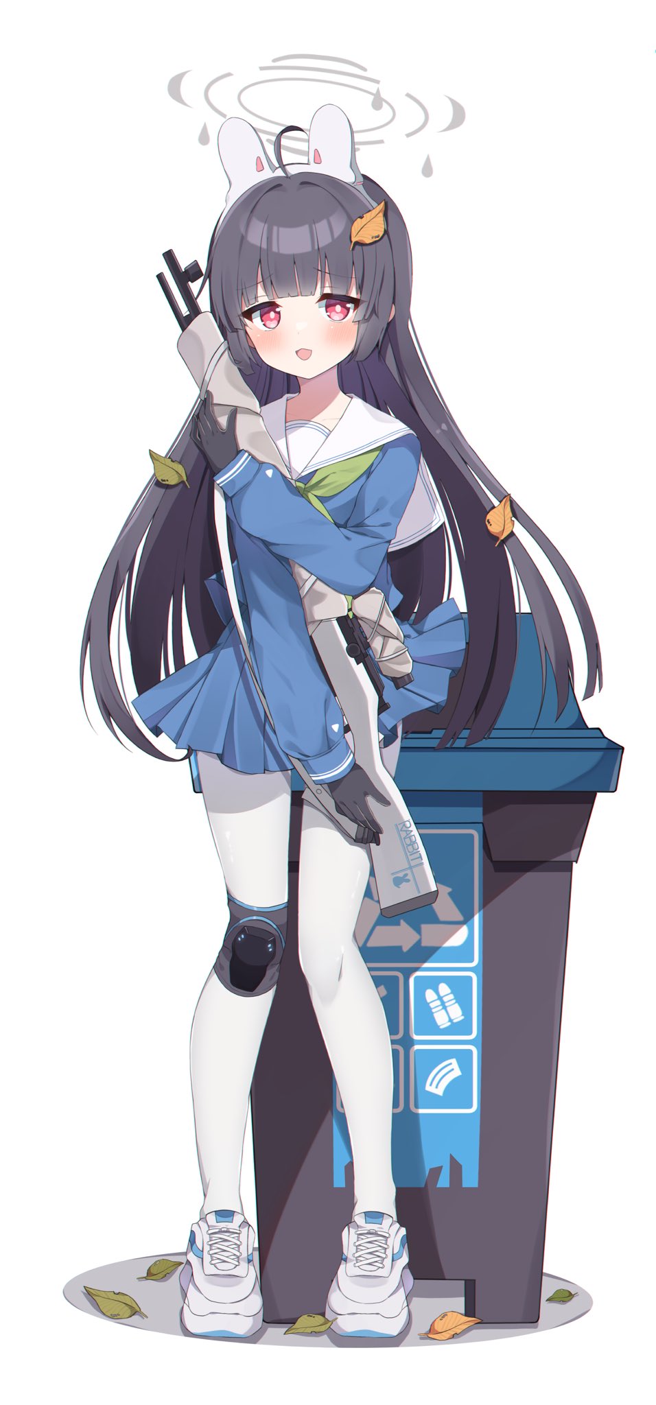 1girl, ahoge, animal_ears, bangs, black_gloves, black_hair, blue_archive, blue_serafuku