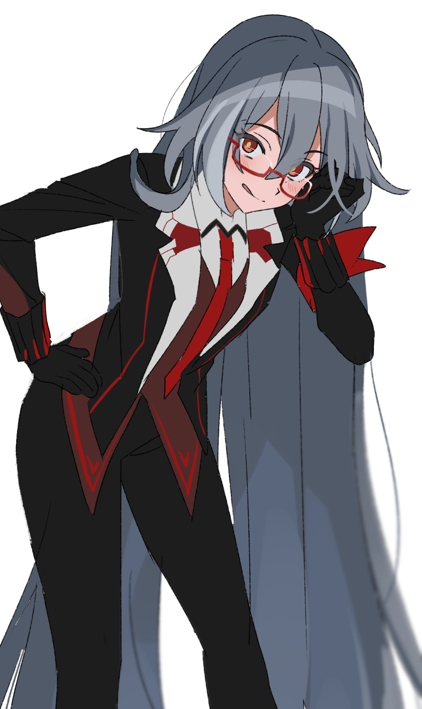 1girl, bangs, black_gloves, black_hair, black_jacket, black_pants, closed_mouth, formal