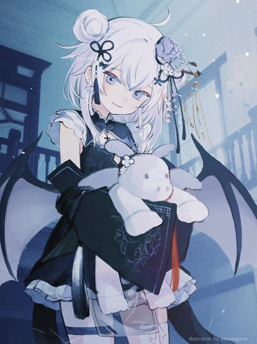1girl, ahoge, asymmetrical_legwear, azuma_seren, bangs, bat_wings, blanche_fleur, detached_sleeves