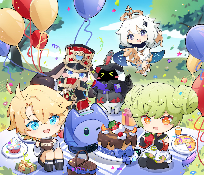 >_<, 1boy, 2girls, 3others, :d, absurdres, ai-chan_(honkai_impact), balloon