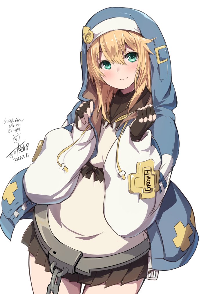 1girl, aqua_eyes, blonde_hair, bridget_(guilty_gear), closed_mouth, commentary, cross, dated