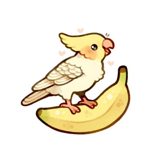 animal, animal_focus, banana, bird, chibi, cockatiel, commentary, english_commentary