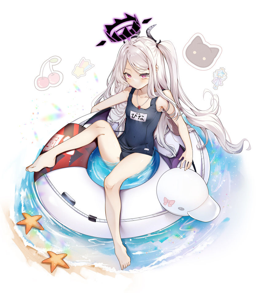 1girl, absurdres, ahoge, bangs, bare_shoulders, barefoot, blue_archive, blue_swimsuit