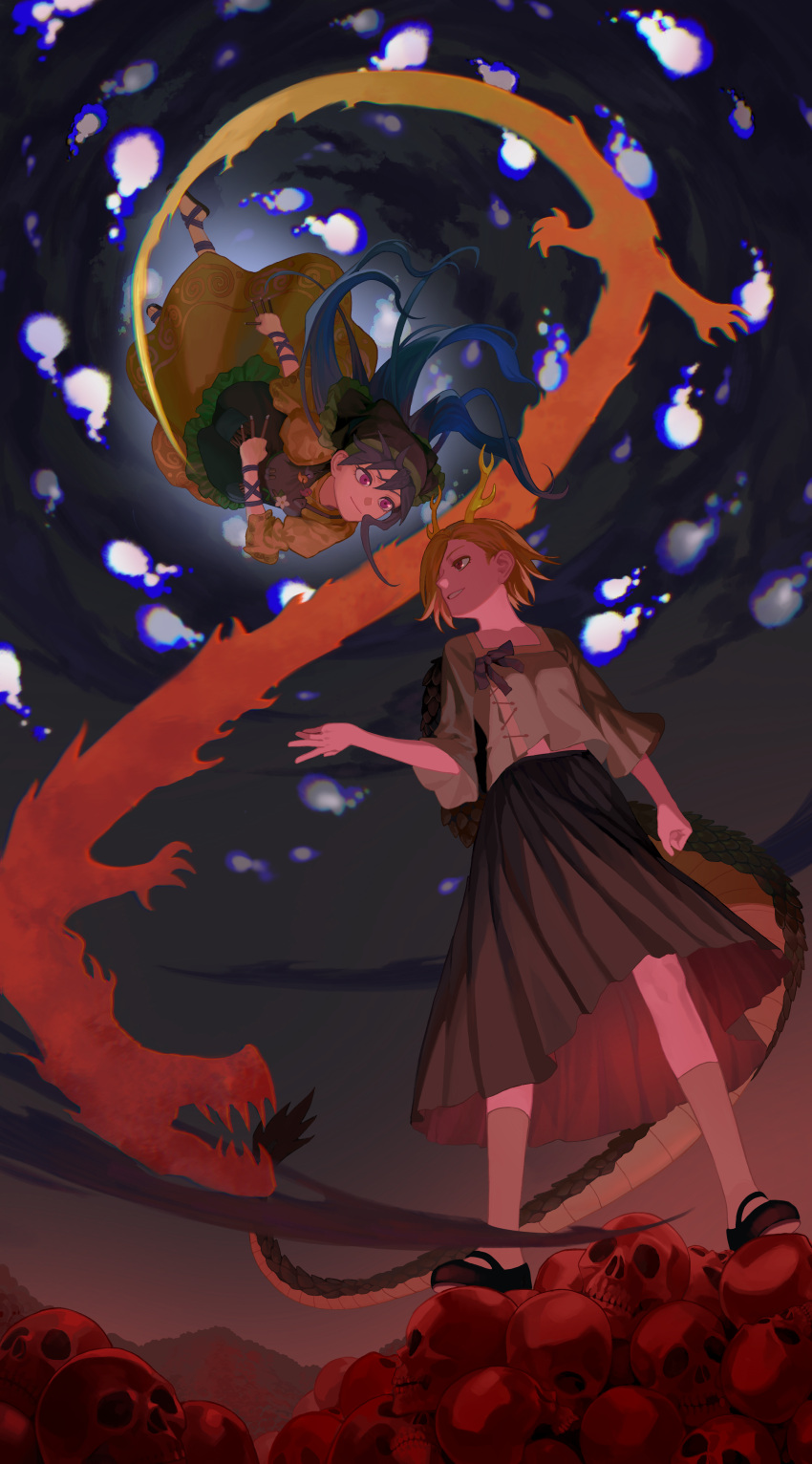 2girls, absurdres, antlers, apron, arm_ribbon, black_footwear, blonde_hair, blue_footwear
