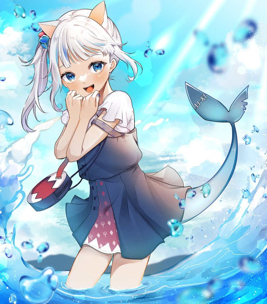 1girl, :d, animal_bag, animal_ears, asymmetrical_hair, bag, bangs, blue_eyes