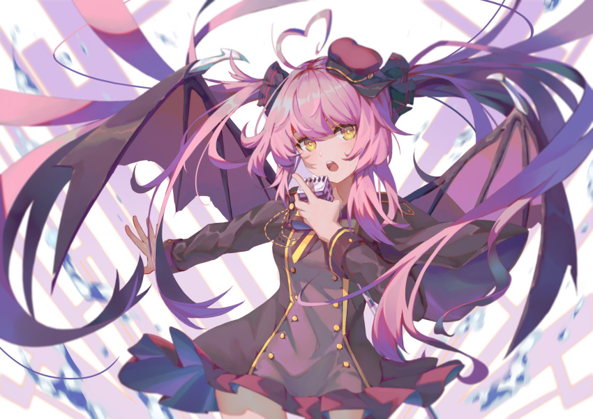 1girl, ahoge, bangs, bat_wings, blunt_bangs, buttons, chucolala, hair_ribbon