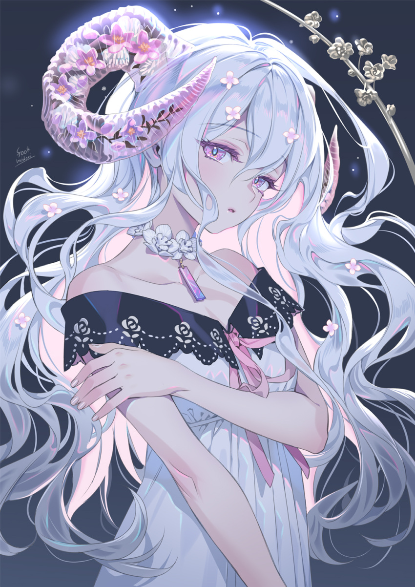 1girl, artist_name, banned_artist, bare_shoulders, bow, branch, cherry_blossoms, choker